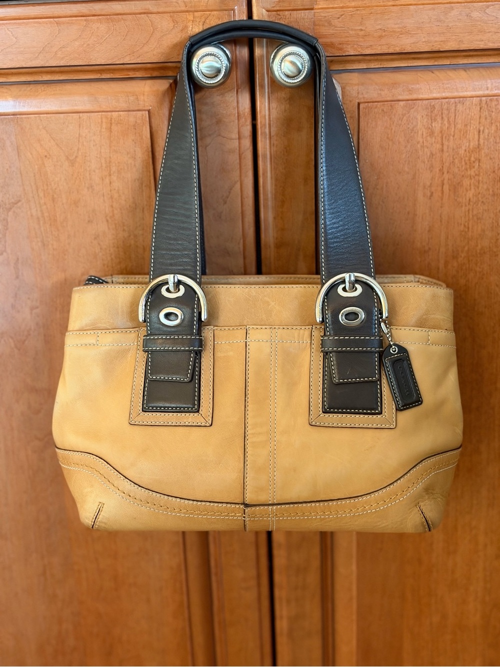 Vintage Coach Two-Tone Tan and Dark Brown Leather Shoulder Tote